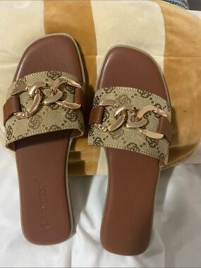 Chain-Trim Tan Slide Mules